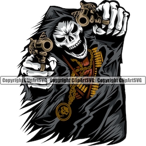 Sensenmann Schädel Skelett Pistole Pistole Kugel Knochen Halskette Tod Evil Kill Killer Gespenst Tattoo Hölle Art Logo SVG PNG Vektor Clipart Cut