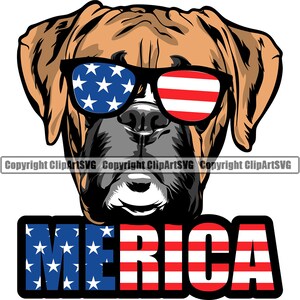 May include: A cartoon illustration of a dog wearing sunglasses with the American flag design. The word "MERICA" is displayed in red, white, and blue, with the stars and stripes design.