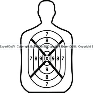 May include: A black and white outline of a human torso with a target in the center. The target has concentric circles with numbers 7, 8, and 9, and a crosshair in the center.