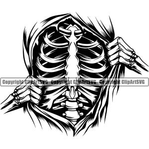 Totenkopf Skelett Punk Rip Haut Offene Rippen grinsend Mittelfinger Tod Evil Kill Killer Geist Tattoo Hölle Art Logo SVG PNG Vektor Clipart Cut