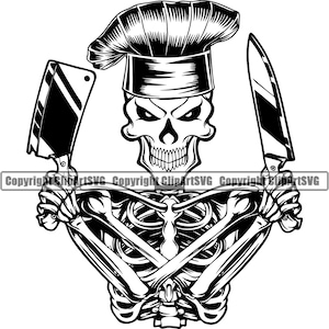 Cráneo Chef Cocinero Carnicero Cuchillo Inteligente Parrilla Cocina Comida Cocina Parrilla BBQ Carne Hornear Panadero Diseño Logo SVG PNG Clipart Vector Cut File