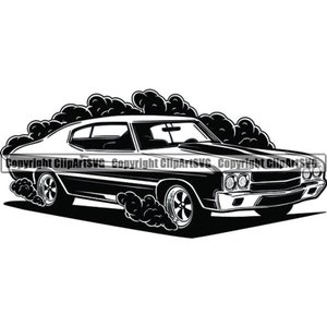 May include: Black and white illustration of a classic muscle car with smoke coming out of the tires. The car is a 1970s Chevrolet Chevelle.