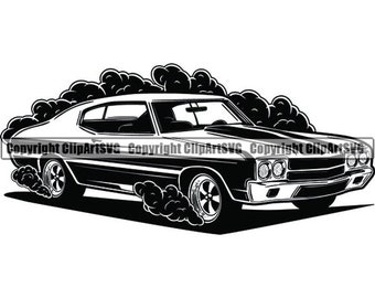 May include: Black and white illustration of a classic muscle car with smoke coming out of the tires. The car is a 1970s Chevrolet Chevelle.