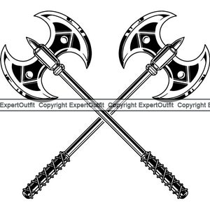 May include: Two black and white crossed axes with intricate details on the blades. The axes are crossed at the handles, forming an 'X' shape.