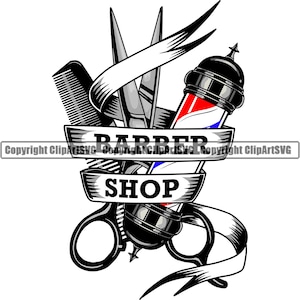 Coiffeur Peigne Ciseaux Salon De Coiffure Salon Pôle Coupe De Cheveux Coupe De Cheveux Coiffure Rasage Tondeuses Ruban Design Boutique Art Logo SVG PNG Clipart Vecteur Coupe