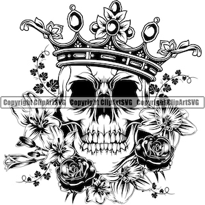 Schädel Teufel Horn König Krone Rosen Totenkopf Evil Kill Killer Tattoo Knochen Satan Blumendesign Künstler Logo SVG PNG Clipart Vektor Schneiden Schneiden