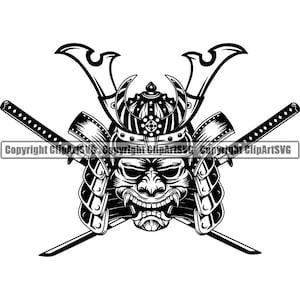 May include: Black and white illustration of a samurai warrior's helmet with a fierce mask and crossed swords.