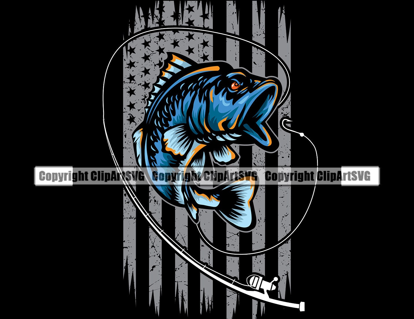 Fishing Pole USA Flag Bait Pond Tour Trip Lake Bass Fish Fresh Salt Water Deep Sea Sport Game Rod Reel Hook Logo SVG PNG Clipart Vector Cut