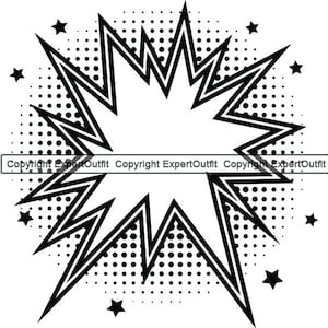 May include: Black and white comic book style explosion graphic with a starburst shape and a dotted background.