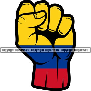 May include: A graphic of a clenched fist with the colors of the Colombian flag: yellow, blue, and red. The fist is outlined in black and the image has the text "Copyright ClipArtSVG" at the bottom.