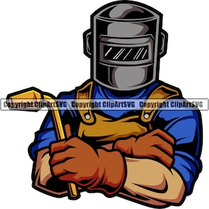 May include: A vector illustration of a welder wearing a black helmet, blue shirt, and brown gloves and apron. The welder is holding a welding torch and has their arms crossed. The image includes the text "Copyright ClipArtSVG".