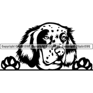 May include: Black and white illustration of a dog peeking over a surface with its paws on the surface. The dog has a spotted pattern on its face and a long, floppy ear.