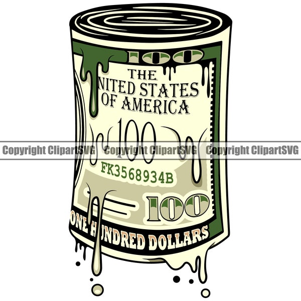 100 Cent Dollar Bill Roll Noeud Goutte à Goutte Dripping Pile de Billets de Banque Trésorerie Riche Billet de Banque Usd Signe de Richesse Art Logo SVG PNG Clipart Vector Cut