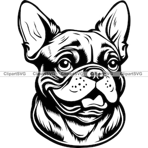 Französische Bulldogge Lächelnder Hund niedliches Welpe Gesicht Hunde Haustier Portrait Druck Pfote Reinrassige Cartoon Zeichnung Kunst Logo Tattoo Design SVG PNG Schneiden Schneiden