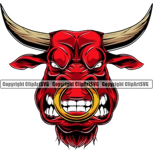 May include: A red bull head with a gold ring in its nose. The bull has a fierce expression with its mouth open and teeth showing.