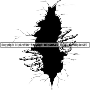 May include: A black and white illustration of a skeletal hand reaching out of a cracked wall. The hand is reaching out from a dark hole in the wall, which is surrounded by cracks.