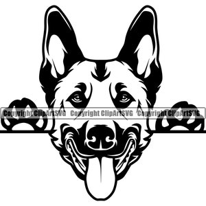 May include: Black and white silhouette of a German Shepherd dog peeking over a surface with its paws visible. The dog has its tongue sticking out and a friendly expression.
