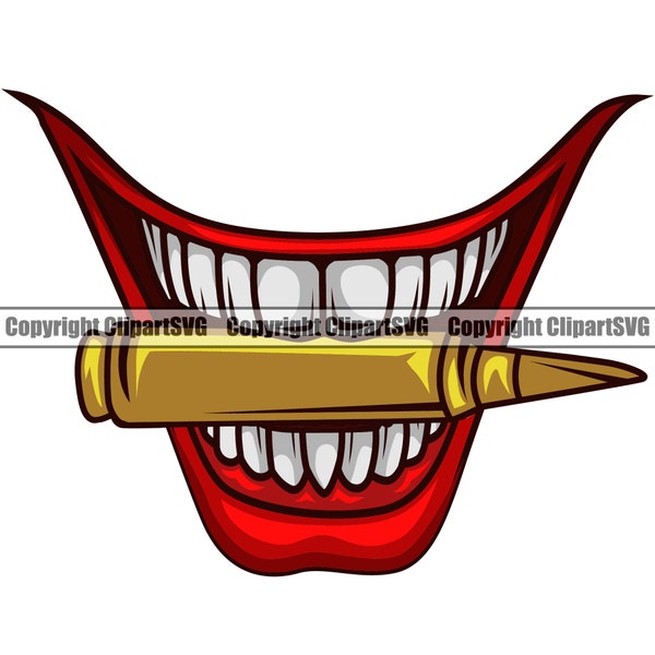 Joker Smile Clown Bite Bullet Laughing Ha Funny Mouth Mask Evil Grin Grinning Teeth Laugh Art Design Element Logo SVG PNG Clipart Vector Cut