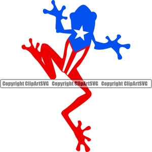 May include: A red and blue frog silhouette with a white star on its chest, resembling the American flag.