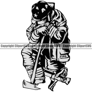 May include: Black and white illustration of a firefighter holding an axe and a hose. The firefighter is wearing a helmet with a star on it and a jacket that says "FIRE".