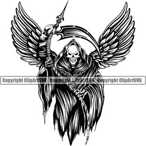 Sensenmann Skelett Killer Schädel Sichel Klinge Engel Tod Evil Kill Grim Scary Geist Tattoo Hölle Art Design Logo SVG PNG Vektor Clipart Cut