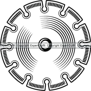 May include: Black and white illustration of a circular saw blade with a central hole. The blade has a series of teeth around the edge and a pattern of concentric circles in the center.