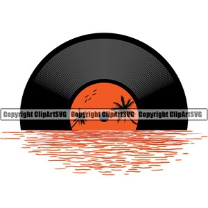 Retro Vinyl Record Palmboom Oceaan Paradijs Vakantie Zonsondergang Muziek Draaitafel Album Club Sound Art Design Logo SVG PNG Vector Clipart Cut File