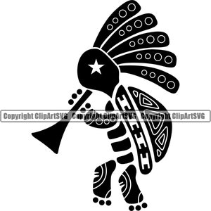 May include: Black and white silhouette of a stylized figure playing a trumpet. The figure has a feathered headdress and a turtle shell. The figure is in a dancing pose.
