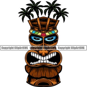 Peut inclure: Illustration détaillée d'une statue Tiki à l'expression féroce. La statue en bois présente une grande bouche ouverte avec des dents visibles, des yeux bleus et une coiffe avec des palmiers. L'image comprend le texte "Copyright ClipArtSVG".