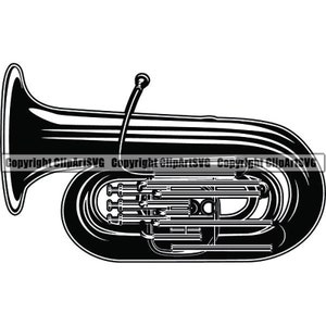 May include: A black and white illustration of a tuba, a large brass instrument with a bell-shaped end.