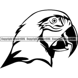 May include: Black and white line art illustration of a parrot's head. The parrot is facing to the right and has a large beak.