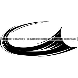 May include: Black and white graphic design element of a stylized swoosh or speed line. The line is curved and has a sharp point at the end.