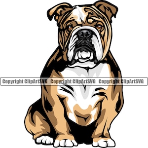 Bulldog Inglês Cachorro Sentado Raça Sorrindo Feliz Pata Filhote De Cachorro Pet Art Cartoon Cute Rescue Design Logo SVG PNG Vector Clipart Cut File