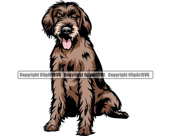 Könnte beinhalten: Illustration eines braunen und schwarzen Hundes mit langem, zotteligem Fell, der aufrecht sitzt, den Mund geöffnet und die Zunge sichtbar. Der Hund hat dunkle Augen und eine schwarze Nase. Das Bild enthält den Text "Copyright ClipArtSVG".