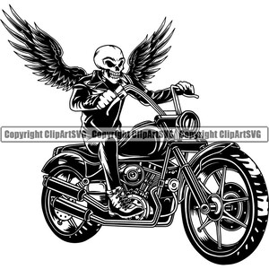 May include: Black and white illustration of a skeleton riding a motorcycle with wings. The motorcycle has a large front wheel and a smaller back wheel. The skeleton is wearing a leather jacket and has a skull for a head.