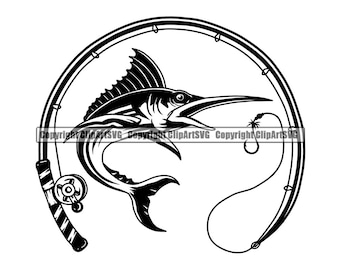 Marlin Fishing Logo Fish Pole Ocean Deep Sea Salt Fresh Water Lake River Sport Game Rod Reel Bass Boat .SVG .PNG Clipart Vector Cut Cutting