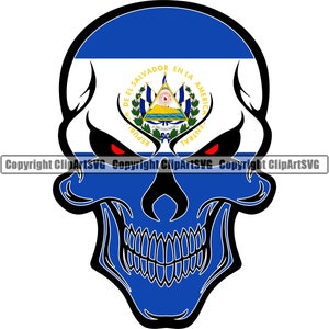 Peut inclure: Un crâne avec le drapeau du Salvador sur son visage. Le drapeau est bleu, blanc et jaune avec les armoiries nationales au centre. Le crâne a des yeux rouges.