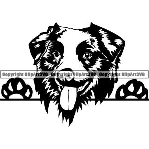 May include: Black and white silhouette of an Australian Shepherd dog peeking over a surface with its tongue sticking out. The dog has a paw print on either side of its head.
