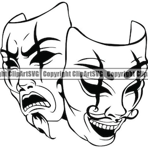 Máscaras tristes felices #6 Ríe ahora llora después Cara de payaso Gángster Motociclista Matón Tatuaje Ilustración Theatre.SVG .PNG Clipart Vector Cricut Corte Corte