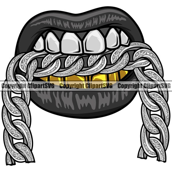 Gold Teeth Bite Big Diamond Chain Mouth Grillz Grill Thug Gangster Mean Mug Pose Doctor Mask Hot Art Design Logo SVG PNG Clipart Vector Cut