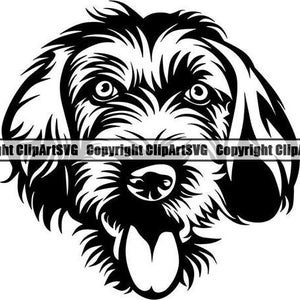 Puede incluir: Ilustración en blanco y negro de la cabeza de un perro con la lengua fuera. El perro tiene un pelaje peludo y una expresión amigable.