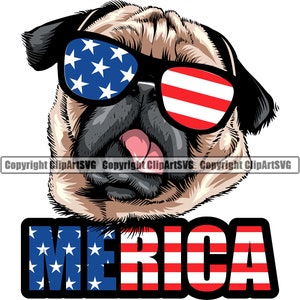 Pug Dog USA Flag Sunglasses Merica America American Breed Puppy Pup Pet Silhouette Art Design Logo SVG PNG Clipart Vector Cricut Cut File