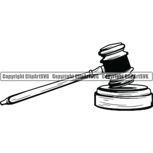 May include: Black and white illustration of a gavel, a symbol of justice and law. The gavel is resting on a block with a textured surface.