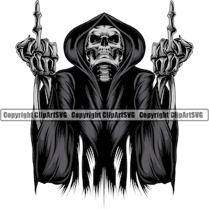 Sensenmann Schädel Skelett Grinsen grinsend Mittelfinger Tod Evil Kill Killer Gespenst Tattoo Hölle Art Logo SVG PNG Vektor Clipart Cut