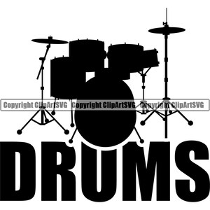 Drum Set Schlagzeuger Instrument Rock Musik Band Konzert Sound Kit Becken Beat Jazz Bass Silhouette Text Design Logo SVG PNG Clipart Vektor Datei