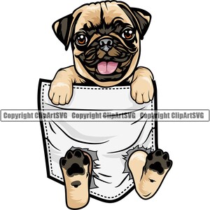 Pug Dog Breed Paw Hanging Shirt Pocket Puppy Pup Pet Art Silhouette Design Element Logo SVG PNG JPG Clipart Vector Cricut Cut Cutting File