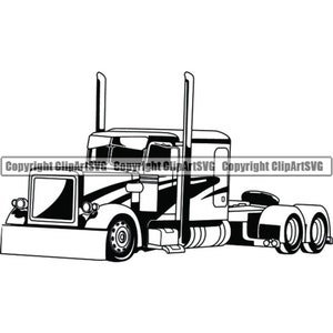 May include: Black and white line art illustration of a semi-truck with a long cab and a trailer. The truck has a large grill and two exhaust pipes. The trailer is empty.