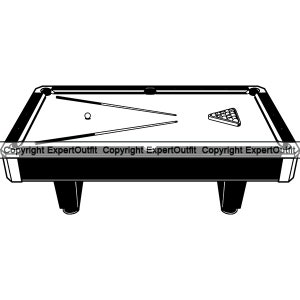 May include: A black and white illustration of a pool table with two cues and a rack of billiard balls.