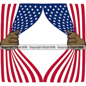 May include: A pair of hands holding open a red, white, and blue American flag curtain. The flag is draped over the hands and the background is white.