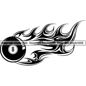Puede incluir: Gráfico en blanco y negro de una bola ocho en llamas. La bola ocho, con el número ocho en un círculo blanco, está en primer plano. Las llamas negras se extienden desde la bola.